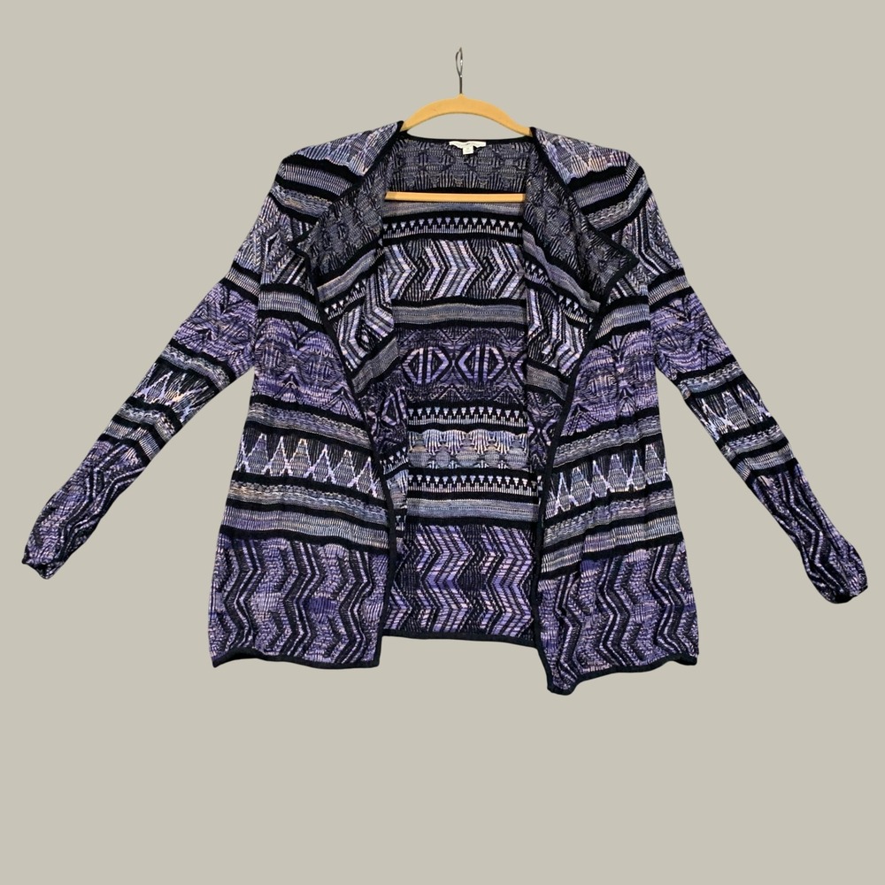 Lucky Lotus Cardigan Womens Medium Blue Geometric Open Front Knit Sweater Boho
